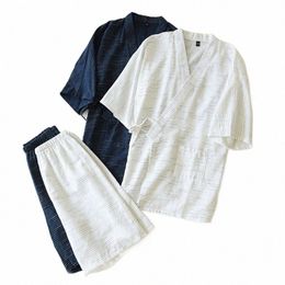 Nouveau japonais Kimo Short à manches courtes Costume Pyjamas pour hommes Deux pièces Summer Cott Yukata Plus Taille Peignoir Vêtements de nuit pour hommes 32vf #