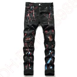 Nuevos JEANS pantalones chinos pantalones pantalones de hombre Pantalones ajustados elásticos lavados rectos Flacos Bordados Patchwork Rasgados para hombre Marca de tendencia Motocicleta JEANS-B15