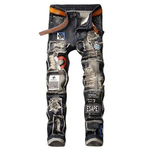 Nieuwe JEANS chinobroek Herenbroek Stretch nauwsluitende broek gewassen recht Skinny Borduursel Patchwork Gescheurd men269T