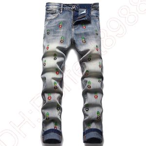 Nieuwe jeans chino broek broek herenbroeken strekken nauwsluitende broeken gewassen rechte mager borduurwerk patchwork gescheurd herentrendmerk motorfiets jeans-d08