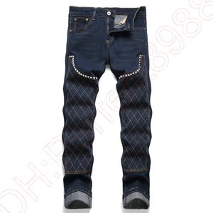 Men's Stretch Chino Pants, Skinny Embroidery Patchwork Ripped Jeans, Casual Straight Leg Trousers for Men