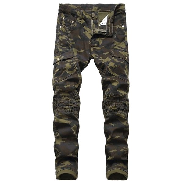 Jeans Hommes Biker Stretched Camouflage Jeans Streetwear avec plissé Joggers Slim Jean Hommes Pantalon rayé Pantalones Hombre 201128