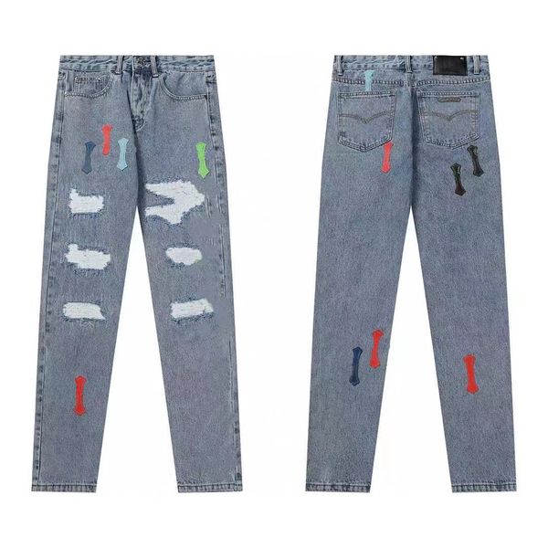 Nouveaux jeans hommes femmes long jogging rétro taille haute strass skinny design trou chaud lavé denim pantalon 22 styles noir blanc bleu 2023 top jean taille s-2xl