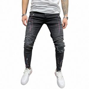 Nouveau Jeans Peinture Pour Hommes Printemps Eté Fi Hommes W Trous Usés Patch Peinture impression micro-balle Petits Pieds Noir Mâle Denim h81g #