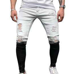 Vaqueros nuevos ajustados para hombre, Pantalones vaqueros con agujeros rasgados en blanco y negro degradado, pantalones pitillo con cremallera en el tobillo para otoño 2020, 308J