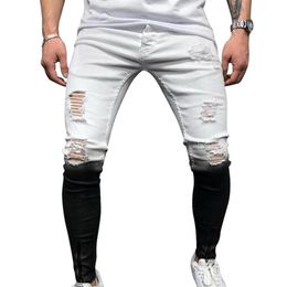Neue Jeans Dünne Männer Farbverlauf Schwarz Weiß Ripped Loch Denim Pantalones Männlichen 2020 Herbst Ankle Zipper Bleistift Hose256N