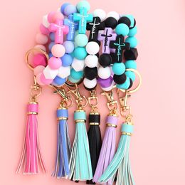 Nieuwe sieraden Crucifix Key Chain Candy Color Silicone Beads Bracelet Matching Tassels Bunny Bag Holiday Gift Pasen Siliconen-koelarmband hanger Keychain 10 kleuren