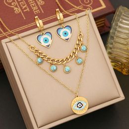 Nouveaux bijoux de haute qualité goutte d'huile oeil ensemble de bijoux amour en acier inoxydable Double couche chaîne tempérament collier N1256 necklaces for women