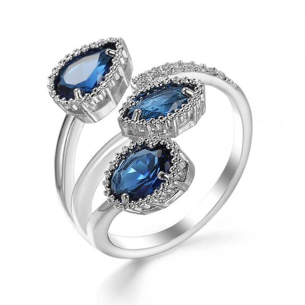 Nueva joyería de moda coreana, joyería de mano, anillo de circón azul zafiro, anillo de cobre con apertura para mujer