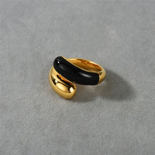 Nouvelle bague de bijoux à double tête en or noir émail goutte glaçure bague en laiton plaqué or véritable 18 carats bague de contraste de couleur pour les femmes en Europe et en Amérique