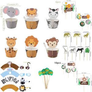 Nieuwe Jungle Animal Toppers Wrappers Happy Party Cake Decoraties voor Baby Shower Kids Safari Thema Verjaardagsbenodigdheden