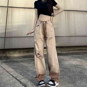 Nieuwe Kaki Ripped Jeans for Women Street Trend los Rechte broek 90s Harajuku Style High Taille Dames Pants L220726