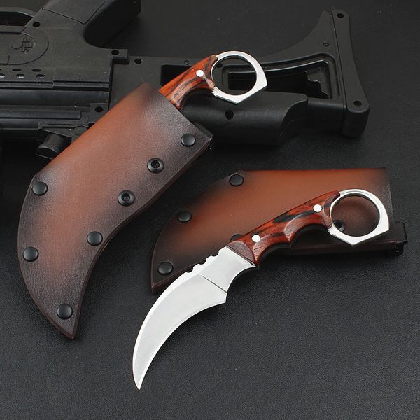 Nouveau couteau Karambit D2 lame en acier, manche en palissandre, lame fixe, couteaux à griffes tactiques avec gaine en cuir