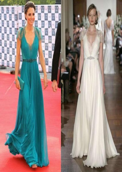 Nuevo Kate Middleton en Jenny Packham Sheer con mangas de gorra Vestidos de la noche Celebridades Farmes Vestidos de alfombra roja Noche de chifón 7048018