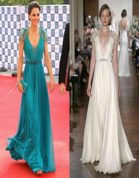 Nueva Kate Middleton en Jenny Packham Sheer con mangas de gorra Vestidos de la noche Celebridades Farmes Vestidos de alfombra roja Cordero de encaje 7197908