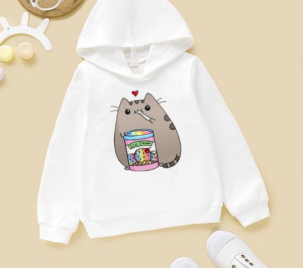 nouveau Kawaii Enfants Vêtements Café Chat Amour Crème Glacée Imprimé Animal Rose À Capuche Filles Harajuku Drôle Sweat Enfants Vêtements Manteau