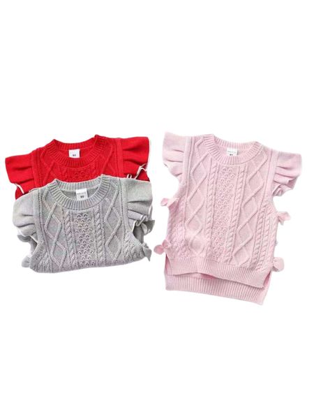 Nuevo chaleco de punto de otoño para niños, chaleco recortado con cuello redondo y volantes de Color sólido para niñas pequeñas, 1-7 años, rosa/gris/rojo Y1024