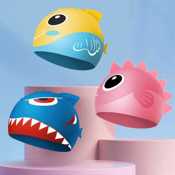 Nouveaux enfants casquettes mignon dessin animé dinosaure garçons filles nager doux Silicone imperméable enfants bonnet de bain chapeau haute élastique YQ240119