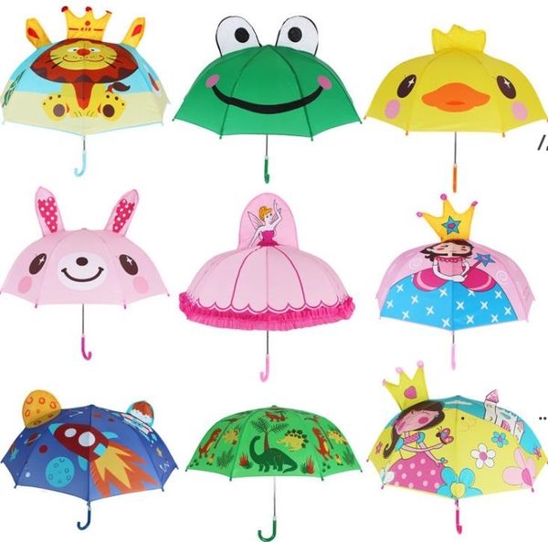 New Kids Cartoon Sunny Rainy Umbrella Animals Frog Tiger Penguin Print Poliéster Colgando Paraguas de mango largo Regalos EWF7557