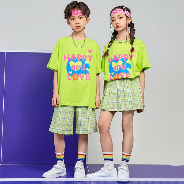 Nouveaux enfants Jazz Dance Clothing Girls Corme à manches courtes T-shirt Plaid Jirt Hip Hop Dance Tenue Children Cherleading Show Show Costumes