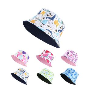 Nieuwe kinderen peuter omkeerbare emmer hoed zomer baby hoed jongen meisje katoen uv bescherming zon cap cartoon dinosaurus print strand pet