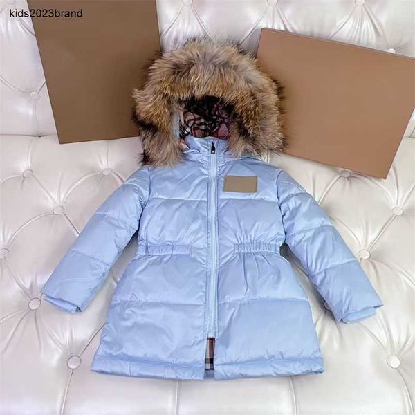 Nuevos abrigos de invierno para niños, abrigos largos para bebés, chaquetas con forro a cuadros con capucha de piel de diseñador, abrigo cálido a prueba de viento para niñas y niños