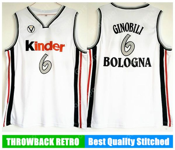 KINDER BOLOGNA Manu Gin￳bili Ginobili 6 Jersey Mens europa Basketball White Vintage cousu Shirt Classic TOP