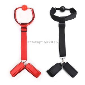 Bondage New Kinky Nylon Neck Hand Menottes Bouche Ball Gag Sangles de retenue Sexy Noir / Rouge # R97