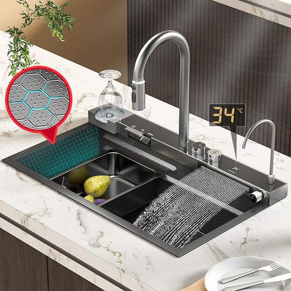 Nouvel évier de cuisine avec robinet cascade en acier inoxydable grand lavabo bionique en nid d'abeille noir lavabo Topmount tablier avant