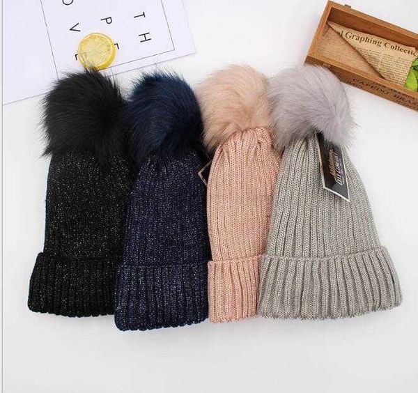 New Knit Beanies Pom winter fleece Warmer Hats gruesos para mujer Crochet Faux Raccoon Rabbit Fur Ball Slouchy Snow Cap