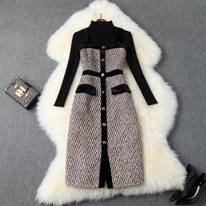 Nieuwe brei trui wollen pak stuk set herfst runway vrouwen vintage zwarte trui top + jarretel vest Tweed jurk tweedelige set