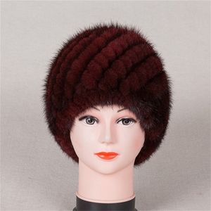 Nouveau tricoté véritable vison naturel chapeau de chapeau de fourrure couvre-chef coiffure femmes plus chaud en gros livraison gratuite Y201024