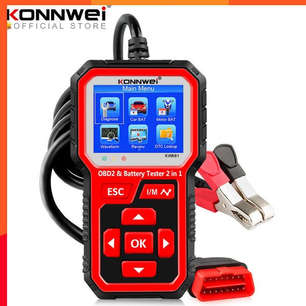 Nuevo KONNWEI KW681 6V 12V probador de batería de motocicleta de coche herramienta de diagnóstico automático 2 en 1 2000 CCA escáner OBD2 de coche herramienta de prueba de carga