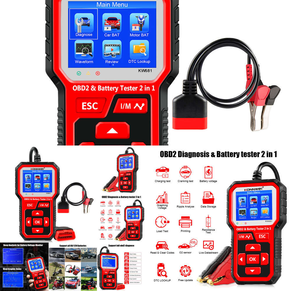 New KONNWEI Kw681 6V 12V Motorcycle Battery Tester Auto Diagnostic Tool 2 In1 2000 CCA Car Obd2 Scanner Cranking Charging Test