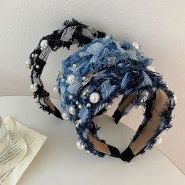 Nieuwe Koreaanse denim geknoopte hoofdband parel strass meisjes breedgerande hoofd hoepel geruite kwastjes haarband haaraccessoires