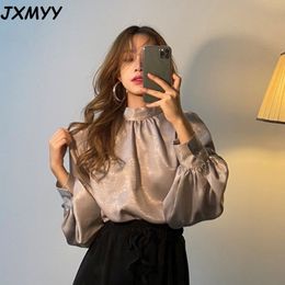 Nueva moda coreana blusa lisa mujer primavera delgada oficina dama elegante tops linterna manga sólido soporte cuello camisa JXMYY 210412