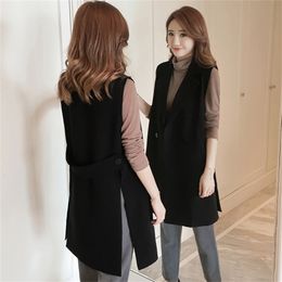 Nouvelle mode coréenne Split longue femmes gilet printemps élégant noir sans manches veste femme solide Cardigan gilet gilets Colete 201214
