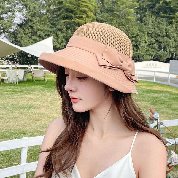 Nuevo tejido de punto coreano a lo largo del sombrero de pesca del arco sombrilla tazón sombrero de moda de las mujeres sombrero casual de moda al por mayor