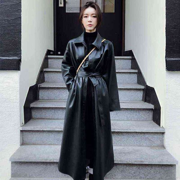 Nouveau coréen PU Trench femmes mode lâche mince à manches longues manteaux femme automne longue veste en cuir L220728