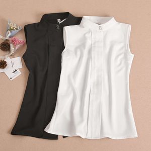 Nouvelle version coréenne de chemise sans manches pour femmes au printemps et en été, chemise à base polyvalente, haut élégant, décoration à col debout, chemise en mousseline d'automne et d'hiver