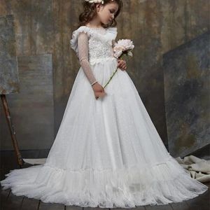 Nouvelle Dentelle Appliqued Dos Nu Robes De Fille De Fleur Pour Le Mariage Bateau Cou Perlé Manches Longues Toddler Pageant Robes De Bal Tulle Enfants