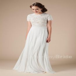 Nuovi abiti da sposa modesti da spiaggia in chiffon di pizzo con maniche corte Boho Abiti da sposa A-line Piano Lunghezza Outdoor informale LDS wed Go264W