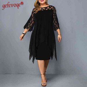 Nieuwe kant mesh plus size jurken 4XL 5XL 6XL sexy elegante midi feestjurk losse holle oversize Engeland stijl vestidos de fiesta g0214