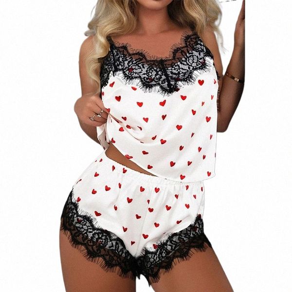 Nouvelle dentelle sexy femmes pyjama costume fi col en v stretch satin dentelle sexy lingerie bowknot pyjamas sommeil shorts ensemble vêtements de nuit 2pcs v9z3 #