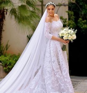 Plus la taille élégante une ligne robe de mariée en dentelle pleine appliques manches 3/4 épaule balayage train robe de mariée robes de mariée vestidos de noiva