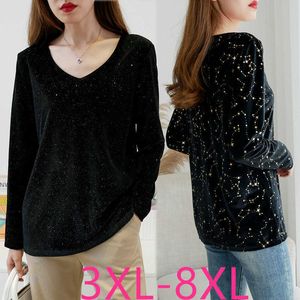 Nouvelles dames automne hiver grande taille hauts pour femmes grandes manches longues lâche col en V sequin noir T-shirt 3XL 4XL 5XL 6XL 7XL 8XL X0628