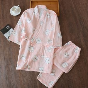 Nuevas señoras de dibujos animados gato impresión kimono pantalones pijamas traje de algodón servicio a domicilio baño ropa al vapor pantalones de pijama de mujer T200429