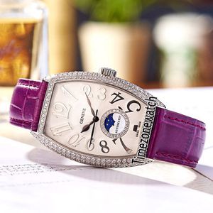 New Ladies'Collection Cintrée Curvex 7500 Diamond Bezel Silver Textured Dial Moon Phase Swiss Quartz Womens Horloge Lederen Timezonewatch E26A