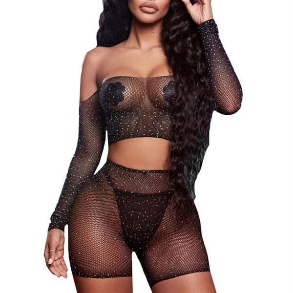 Nouveau dames diamant maille bustier tubulaire shorts ensemble sexy maille dentelle transparent strass top shorts résille ensemble de sous-vêtements E315z