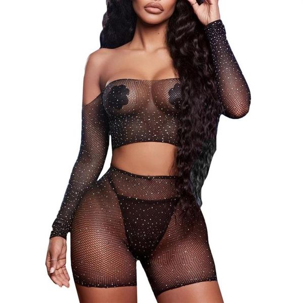 Nouveau dames diamant maille bustier tubulaire shorts ensemble sexy maille dentelle transparent strass top shorts résille ensemble de sous-vêtements E270r